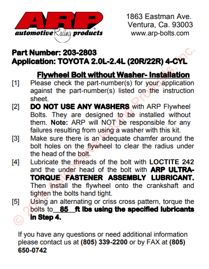 ARP HD Flywheel Bolt Kit 20R / 22R / 22RE 203-2803